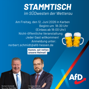 Einladung Stammtisch im SÜDwesten der Wetterau am 12.06.2026 in Karben